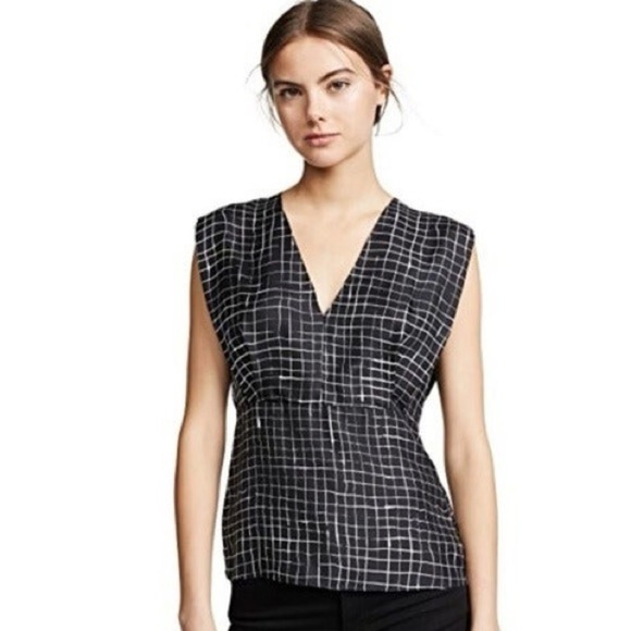 Theory Kimono Pleat Grid Print 100% Silk Twill Top Blouse Black White Sz Small - Picture 11 of 13